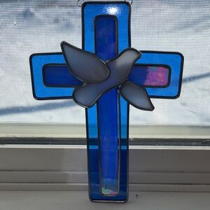 Vintage Blue Stained Glass Cross with White Dove Accent